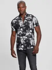 GUESS Eco Black Rayon Floral Shirt Size: Small, Cotton