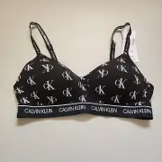 Calvin Klein CK One Bralette Womens Medium Black Allover Logo Print Lightly Line