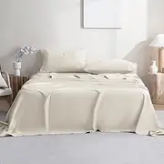 100% Long Stamp Cotton Sheets Set Double Size- 4PC Super Soft Subtle Sheen Bed Sheets | 45cm Deep Pocket Fitted Sheet & Flat Sheet & 2 Pillowcase (Sand, Double)