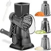Manual Rotary Cheese Grater - Round Mandoline Slicer with Strong Suction Base, Vegetable Slicer Nuts Grinder Cheese Shredder with Clean Brush (Black)