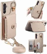 Durable Removable Crossbody Wallet Phone Case for Samsung Galaxy A55 5G, Zippered Purse,Ring Holder,Integrated Mirror,Card Slot,Multi-Angle Stand in Elegant Pebbled Leather Cover(Khaki)