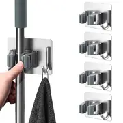 4Pcs Stainless Steel Mop Broom Holder Wall Mounted Self Adhesive Hooks