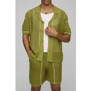Mens Olive Boxy Revere Collar Open Stitch Stripe Knitted Shorts Set