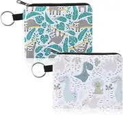 [Giantree] 2 Pcs Coin Purse for Women, Sloth Dinosaur Change Bag Small Cartoon Printing Canvas Purse, Coin Bag Organiser Purse Key Ring Wallet Cute Animal Coin Purse for Women, Chic Style