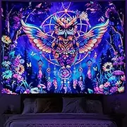 Heynvioo UV Reactive Owl Tapestry Trippy Psychedelic Tapestry Blacklight Dreamcatcher Tapestries Neon Flower Wall Hanging Decor for Bedroom