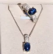 Blue Star Sapphire / Zircon Ring & Pendant Set 20 In. in Platinum Sterling Sz 7