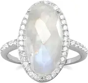[JewelryWeb] 925 Sterling Silver Ring Faceted 8mm X 17mm Rainbow Celestial Moonstone CZ Edge 1mm Czs In Top Half Size 11 Band Style-Ring for Women