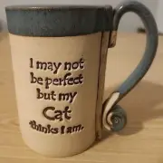 Handmade Mug Matte Beige and Glae Teal Rim I May Not Be Perfect Cat Mug New