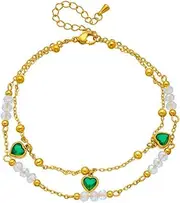 [Kokoma] Double Layer Anklet with Emerald Crystal Hearts Crystal Statement Beaded Anklets Dangle Charm Heart Link Chain Foot Chains Fashion Jewelry for Women