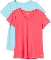 [Amazon Essentials] Women's Tech Stretch Short-Sleeve V-Neck T-Shirt (Available in Plus Size), Pack of 2, Blue/Neon Pink, XX-Large