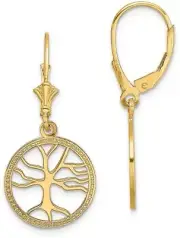 32.5mm 14K Yellow Gold Tree Of Life In Round Frame Leverback Earrings H1110