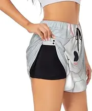 [WURTON] Cute White Rabbit Print Exercise Gym Workout Shorts Women's Athletic Shorts Dual-Layered Yoga Running Shorts