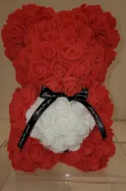 Artificial Rose Teddy Bear with Gift Box | Red/White Rose Bear 10in NEW