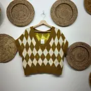 NEW Free People Brown White Oversized Argyle Knit Short Sleeve Sweater Small