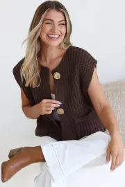 Khloe Knit Top - Sleeveless Large Gold Abstract Button Front Knit in Coffee