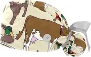 [WOSHJIUK] Working Hat 2 Pack Scrub Caps for Women,Farm Animals Cow Rooster,Tie Back Cap Adjustable Scrub Hat