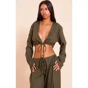 Petite Olive Tie Front Linen Blend Crop Top, Olive