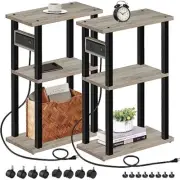 Small Narrow Side Table with Charging Station, Set of Skinny End 2 Greige