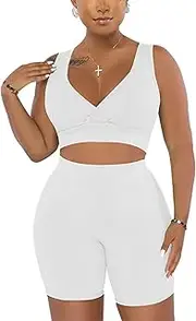 [Hoefirm] Workout Sets for Women 2 Piece Seamless Crop Top Sport Bra High Waist Yoga Shorts Matching Sets