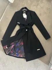 Ted baker black wool blend long coat size 2 Trench Coat Wrap Coat