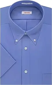 [IZOD] Men's Short Sleeve Regular Fit Solid Buttondown Collar Dress Shirt, Cornflower, 17" Neck