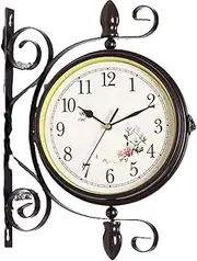 Double Sided Wall Clock Wall Hanging Home Décor Outdoor Wrought Iron Garden Clock Metal Clock Two Faces Antique Hanging Clock Indoor Décor Garden Wall Clock Beautiful Scenery