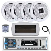 Pyle Bluetooth Marine Receiver, Cover, Antenna,Wire, 4x 6.5" 450W White Speaker