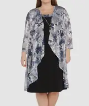 R & M Richards Women's Blue Floral-Print Jacket & Dress 2pc Set Plus Size 18W