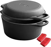 2-In-1 Pre-Seasoned Cast Iron Dutch Oven Pot with Skillet Lid Cooking Pan, Cast Iron Skillet Cookware Pan Set with Dual Handles Indoor Outdoor for Bread, Frying, Cooking, Baking,Camping,BBQ,5 QT