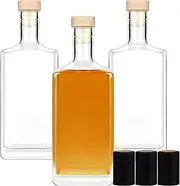 Liengoron 3Pack 16 oz Glass Bottles with Lid 500 ml Clear Empty Bottles with Cork Square Glass Bottle with Cap for Liquor Vodka Brandy Whiskey Beer Water Soda