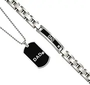 [JewelryWeb] Stainless Steel Brushed Fold over Fancy Lobster Closure Black Plated 8.75inch Dad Bracelet and 24in-Dad Necklace Set Jewelry-Set for Women
