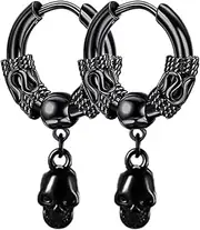 [PJWONG] Men's Fashion Korea Style Stainless Steel Huggie Hinged Hoop Earrings with Long Chains Dangle Retro Feather Leaf Skull Awl for Men Women Boys