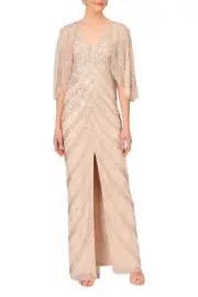 Aidan Mattox V-Neck Cape Sleeve Sheath Zipper Front Embellished Mesh Dress
