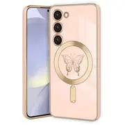 For Samsung Galaxy S25/S24 Butterfly Design MagSafe Magnetic Case with HaloLock Shockproof Military Grade Protection Scratch Resistant Back Protective Cover (Rose Gold)