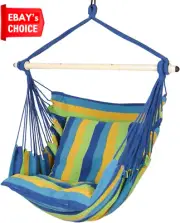 Hammock Chair Swing Max 500 Lbs 2 Cushions Steel Bar Indoor Outdoor Blue