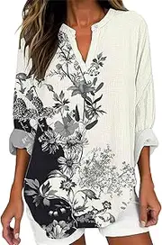 [Generic] Women's Long Sleeved V Neck and Linen Shirt Casual Round Neck Retro Pattern Printed Shirt Loose Top Womens Dress Shits