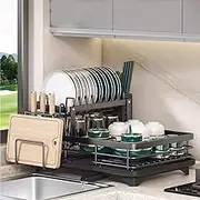 Dish Drying Rack, 2-Tier Dish Rack with 360° Rotating Drainer Board, with Cutlery Utensil Rack & Holders, for Kitchen Storage & Organisation (Black1)