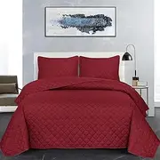B&B Super King Size Bedspread Bed Throw Embossed Pattern Reversible Quilted Bedspread Set with 2 Pillow Shams - Decorative Quilt Coverlet Bedding Set, Red