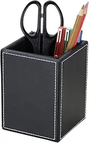 KINGFOM PU Leather Square Pens Pencils Holder Desk Organizer Office Desk Accessories Container Box Black