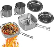 Camping Pots and Pans Set Stainless Steel | Camping Cooking Frying Pans Stockpots | Portable Outdoor Survival Kitchenware for Mountaineering Hiking Picnic Indoor