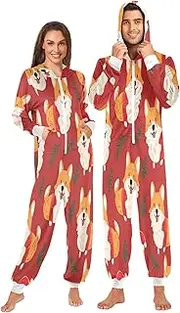 [ZZXXB] Christmas Corgi Pine Branches Onesie Pajamas for Adult Women Men Long Sleeves One Piece Onesies Hooded Sleepwear S - XL