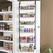 Over The Door Pantry, Bathroom, Bedroom Organiser | 6 Tier Detachable Heavy Duty Metal Storage Baskets | Space Saving Hanging Kitchen Storage & Organisation Spice Rack | Pantry Organiser Storage