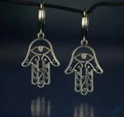 .925 Sterling Silver Dangle Hamsa Huggie Earrings