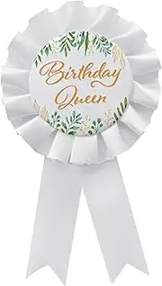 [WOWOPA] Birthday Queen Tinplate Badge Pin, White Corsage Button Green Leaf Pattern for Women Girl Happy Birthday Party Gift Decorations 1pcs, White, Plastic, no gemstone