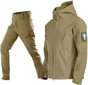 [ZSCAL] Outdoor Windproof Waterproof Breathable Ski Suits, Men's Loose Hooded Jackets and Pants Set, Mens Outdoor Sports Suits, for Skiing, Snowmobiling, Hiking, Climbing (Color : Khaki, Size : Large)