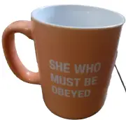 About Face Ceramic SHE WHO MUST BE OBEYED Peach Orange White Coffee tea Mug New