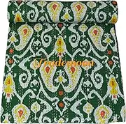 Beautiful Indian Handmade Cotton Kantha Quilt, Ikat Flower Pattern with Colorfull Accents, Traditional Indian Blanket Size (Double 90" x 108")