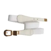 Women White Color Skinny Elastic Waistband Narrow Fashion Belt Gold Buckle S M