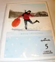 NEW HALLMARK 5 Christmas Cards & ENVELOPES HOLIDAY GIRL SNOW WINTER SLED STYLE