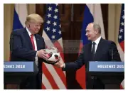 PRESIDENT DONALD TRUMP & VLADIMIR PUTIN GIVING SOCCER BALL FOR BARRON 5X7 PHOTO
